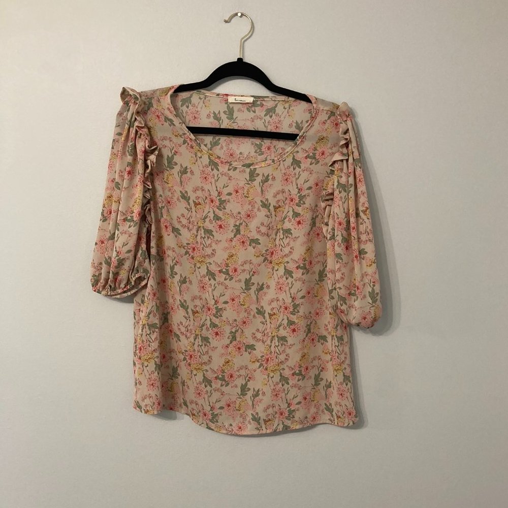 Pink Floral Blouse Size Medium LES AMIS Cottageore Feminine Ruffle Green Yellow